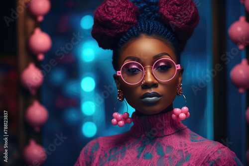 Stylish woman with blue hair in buns, pink glasses, and earrings, featuring blue lipstick, in a neon-lit setting with pink accents.