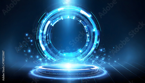 Blue hologram portal. Magic fantasy portal. Magic circle teleport podium with hologram effec. Generative AI.