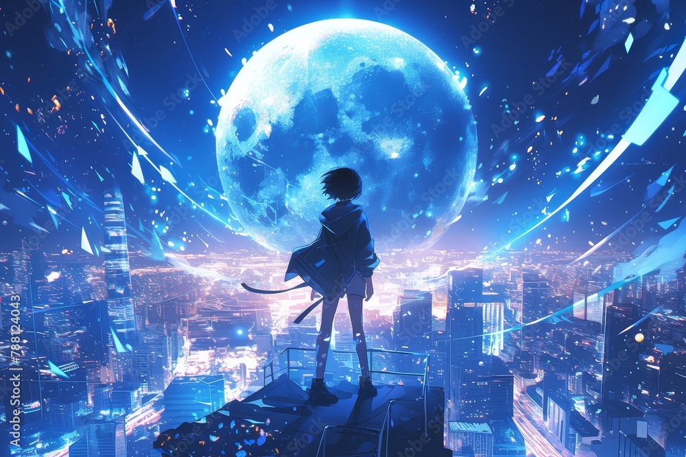 The boy stands on the top of his city, gazing at the moon in the style of anime. 