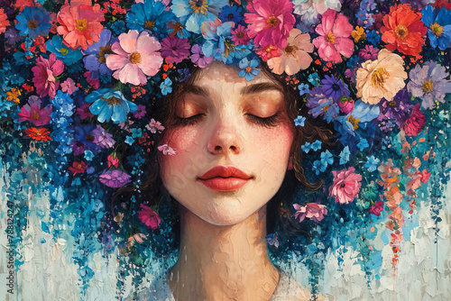 woman with closed eyes surrounded by flowers photo