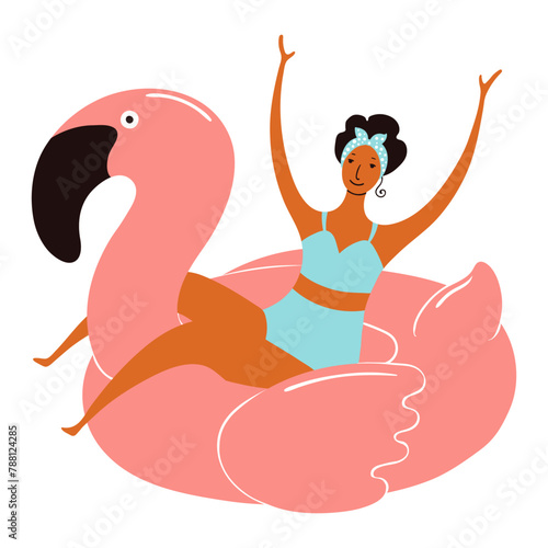 Young woman in swimsuit, riding flamingo float cute cartoon character illustration. Hand drawn flat style design, isolated vector. Summer holidays, vacations, outdoors, beach activity, pool element