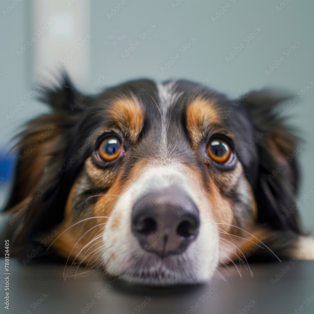Dog, face and pet with puppy eyes for cute, adorable or lazy in checkup at animal shelter or clinic. Portrait or closeup of canine, companion or furry friend relaxing and looking sad with big nose