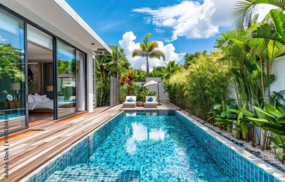 Small private pool villa in Phuket, tropical style with greenery and palm trees around the house