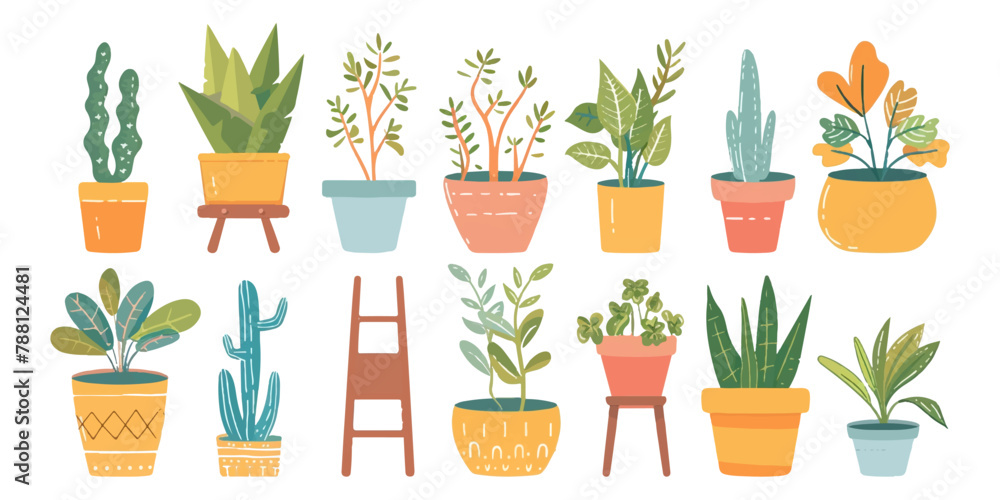 Set of cute potted plants on a white background. Set of cute potted plants on a white background.