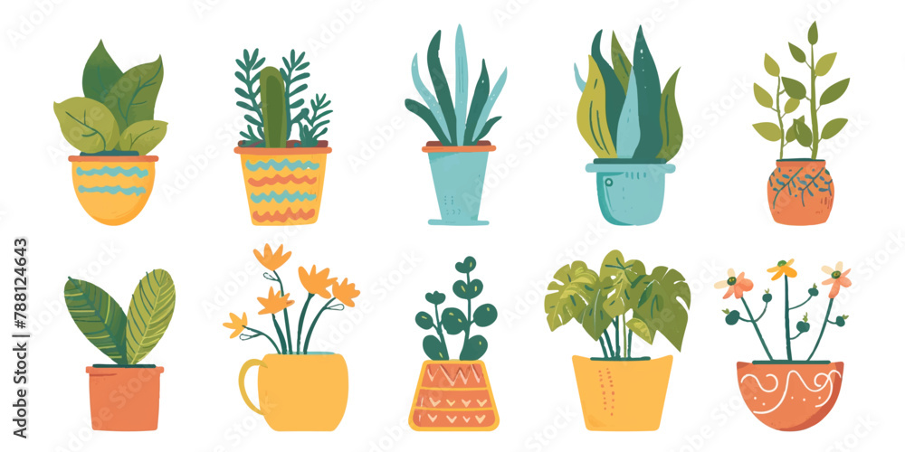 Set of cute potted plants on a white background. Set of cute potted plants on a white background.