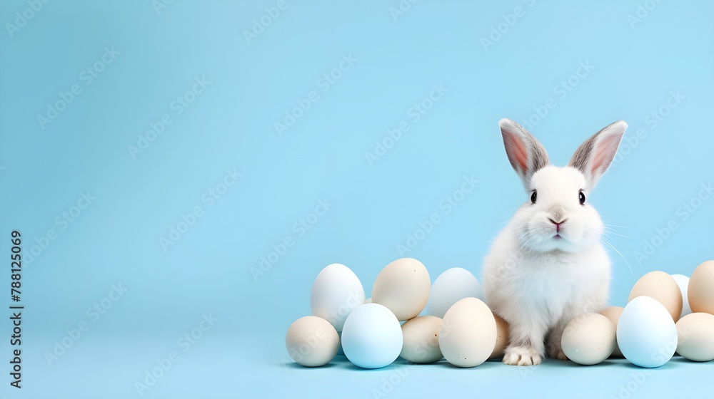 Pastel light blue minimal background with a white cute baby easter bunny with white easter eggs, easter invitation card, banner, HD Pastel light blue minimal background with a white cute baby easter bunny with white easter eggs, easter invitation card, banner, HD