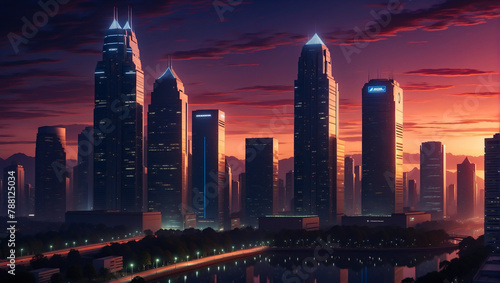 Anime Background and Wallpaper. Sunset in Malaysia's anime cityscape, showcasing tall buildings in the background.