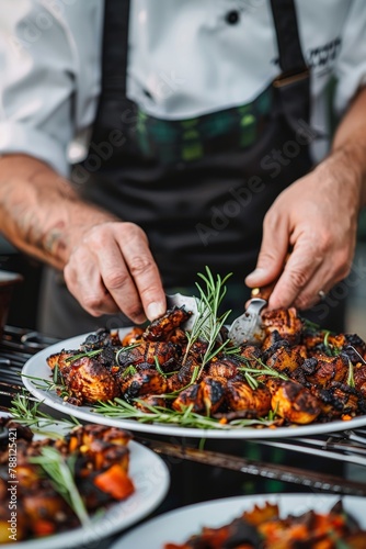 Gourmet chef cooking grilled scallops in buttery lemon cream or cajun spicy sauce with herbs