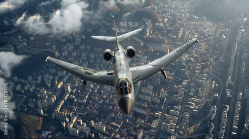 A modern fighter jet flies high above a densely populated city during the late evening hours.