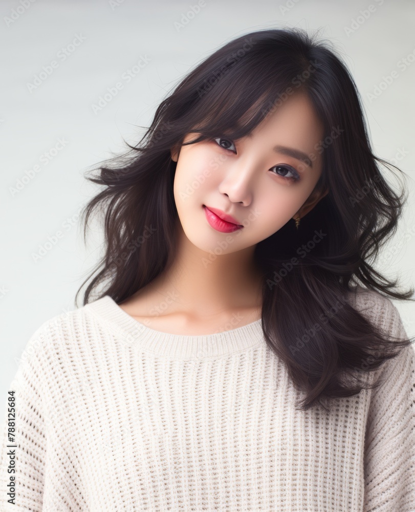 A woman with long hair and a white sweater is smiling A woman with long hair and a white sweater is smiling
