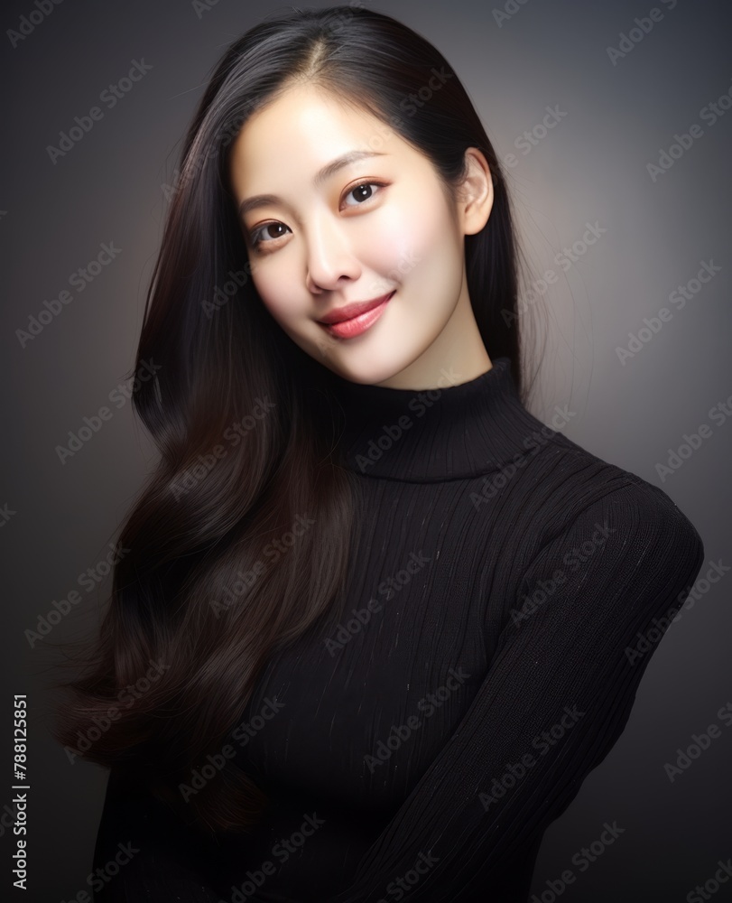 A woman with long black hair and a black sweater is smiling