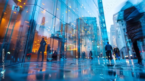 Blurred Glass Facade of Towering Business Office Building Showcasing Architectural Design and Urban Landscape