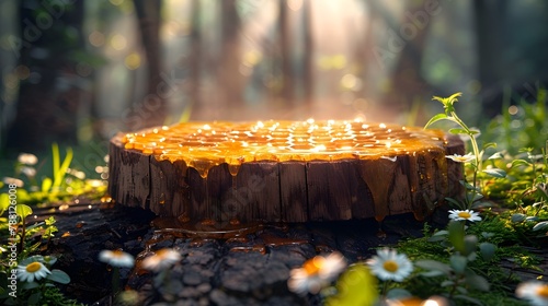 wooden podium on grass, surrounded by large beehives on branches. The wooden podium has fresh honey dripping down onto the wooden floor. The atmosphere is early morning. Generative ai