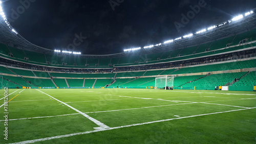 An empty football stadium with green turf and blue seats.   © Hammad