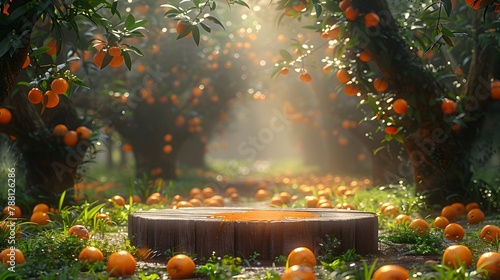 wooden podium on grass, surrounded by several orange trees and with orange juice spilled on the ground. The atmosphere is early morning, with sunlight shining down. Generative ai