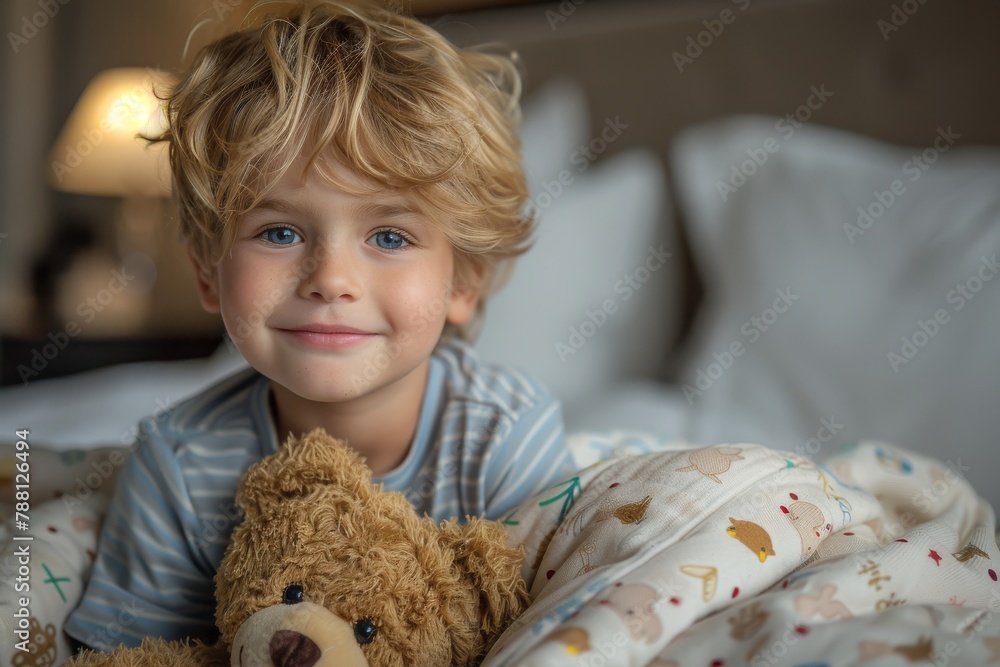 A young boy smiles warmly cuddling with a teddy bear while sitting in bed with comfortable bedding A young boy smiles warmly cuddling with a teddy bear while sitting in bed with comfortable bedding