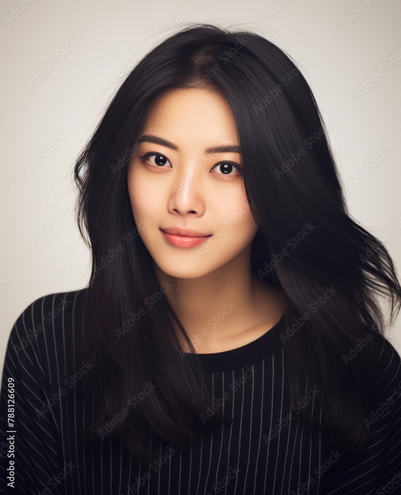 A woman with long black hair and a black sweater is smiling A woman with long black hair and a black sweater is smiling