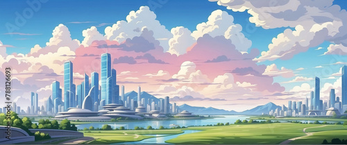 Anime Background and Wallpaper. Beyond the Skyline: Envisioning a New Dawn Where Natural Beauty Meets High-Tech Urban Expansion
