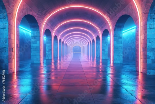 A corridor styled with a futuristic neon arcade design, radiating with energy and vivid color contrasts