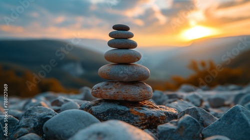 landscape with sunrise and a stack of pebbles.