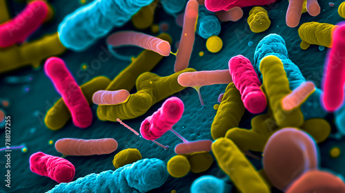 Diverse gut bacteria such as Streptococcus and Lactobacillus in a microscopic view.  photo