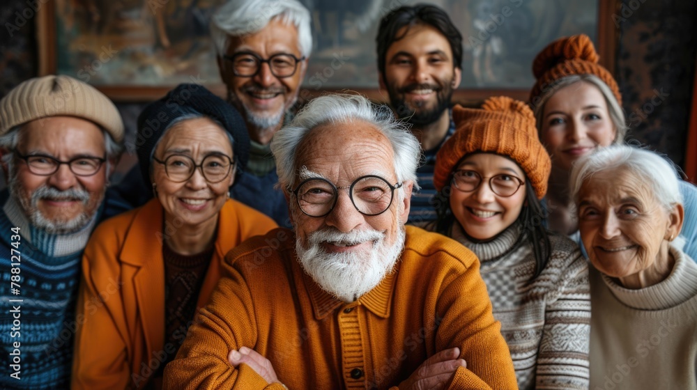 A group of cheerful elderly old people standing together and posing for a picture