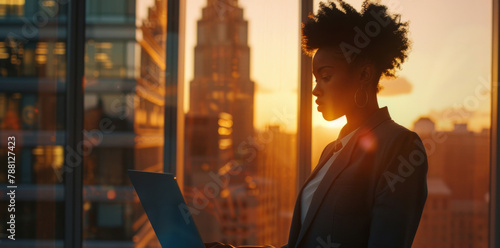 Flare, tablet and business black woman in office at sunset for communication, networking or research. Internet, technology and window with confident employee in glass workplace for corporate report © Peopleimages - AI