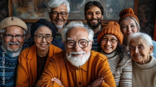 A group of cheerful elderly old people standing together and posing for a picture