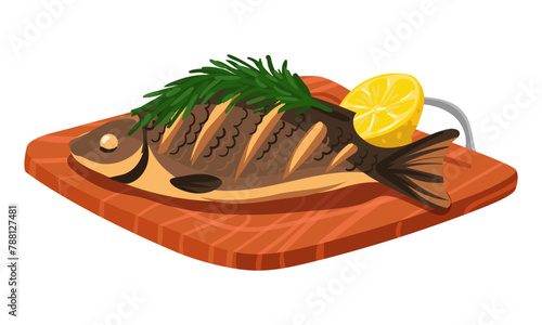 Wooden chopping board with whole fried fish and seasoning with rosemary, lemon. Vector illustration of barbecue fish. Ready-made dish to serve. It is suitable for demonstrating recipes, cooking