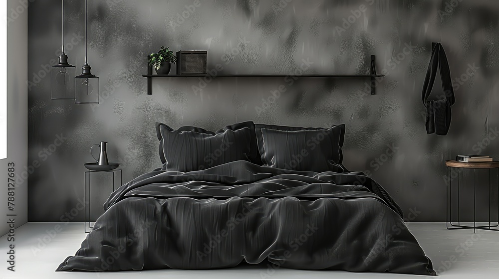 A single bed with black sheets, industrial style furniture in black and gray tones. Generative AI.