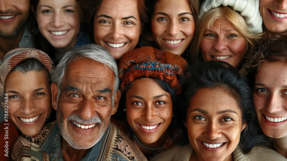 A varied group of individuals, spanning different races and ages, are joyfully smiling for the camera A varied group of individuals, spanning different races and ages, are joyfully smiling for the camera
