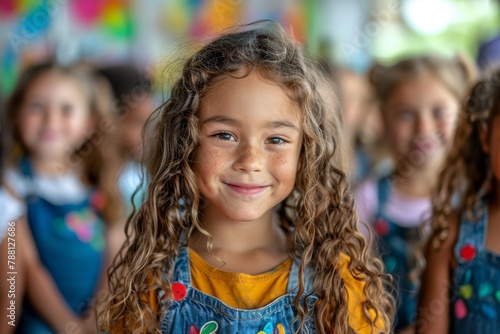 A happy girl with curly hair and dimples smiles in a denim jumper with her classmates in the background
