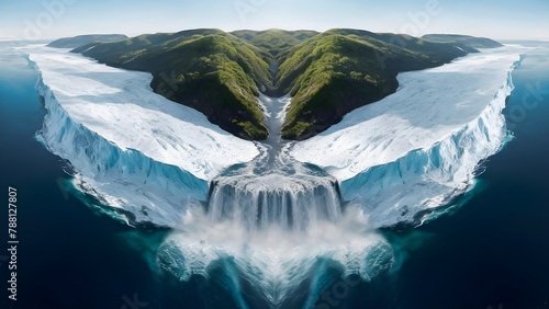 A large ice island surrounded by ocean, In the middle of the island there are green hills and forests. a waterfall flows over the edge of the ice. photo