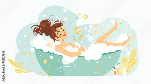 Smiling woman lying in bathtub full of soap foam