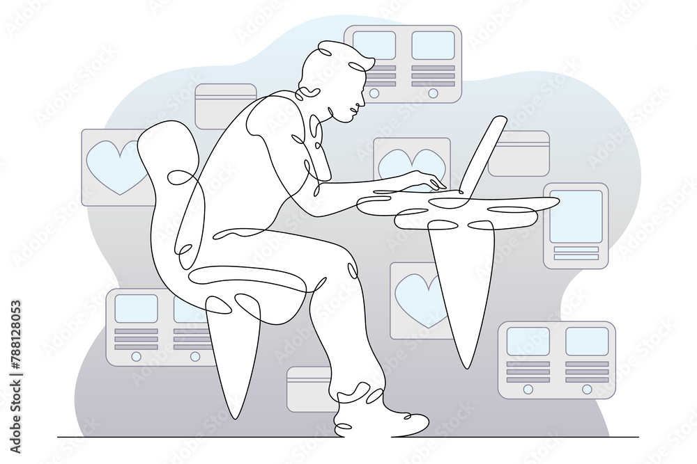 One continuous line.A young man with a laptop in his hands. A man is sitting with a computer. Work on the Internet. Communication in social networks.Continuous art line drawing isolated white backgrou