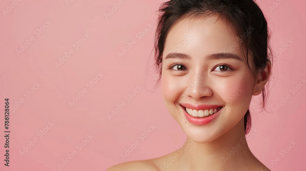 Beautiful smiling happy Asian woman face model touching healthy facial skin with cosmetics skincare concept clean pastel color background with empty space Beautiful smiling happy Asian woman face model touching healthy facial skin with cosmetics skincare concept clean pastel color background with empty space
