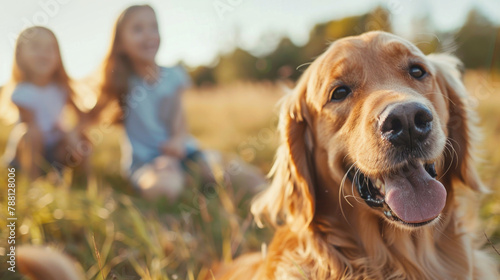 Happy family with with kids playing outside in a field with their family dog. Camping, travel, hiking