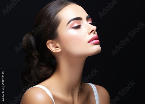 A woman with long dark hair and a pale pink lip