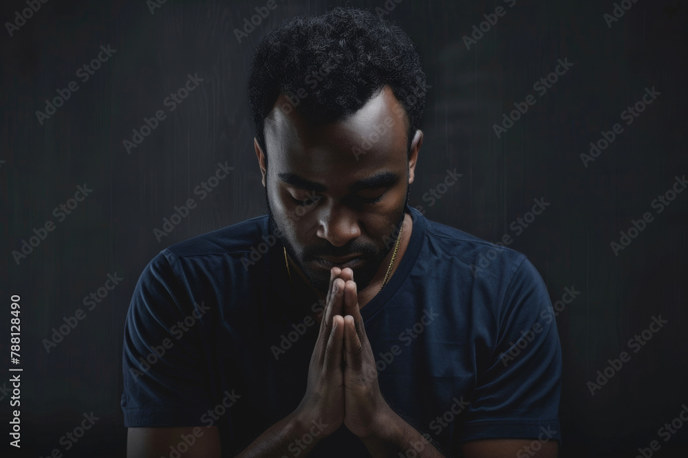 Faith, christian and praying black man in dark background with trust ...