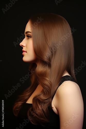 A woman with long brown hair is standing in front of a dark background