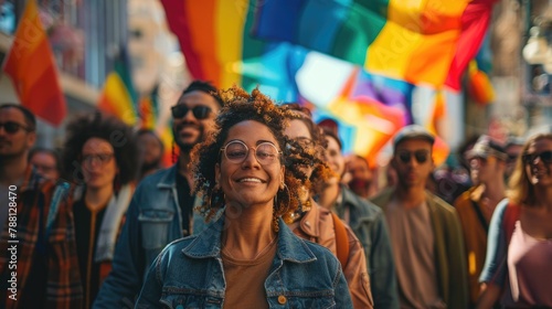 A diverse group of individuals, some carrying LGBT flags, walking together down a city street