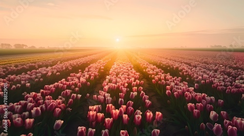 Vibrant Tulip Field Bathed in Golden Sunrise Light Creating a Serene and Minimalist Landscape