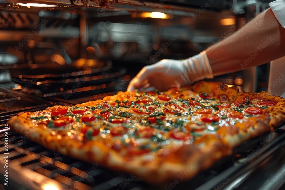 An appetizing image of a chef's hand placing a freshly oven-baked pizza with melted cheese and toppings onto a surface - obrazy, fototapety, plakaty 