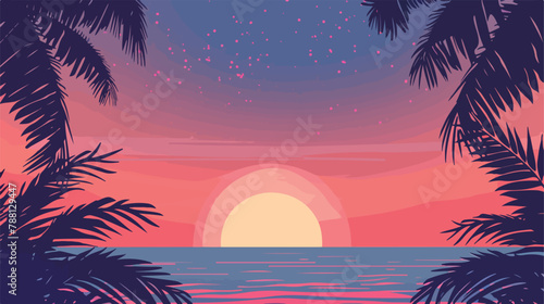 Summer night poster vector template. Tropical beach 