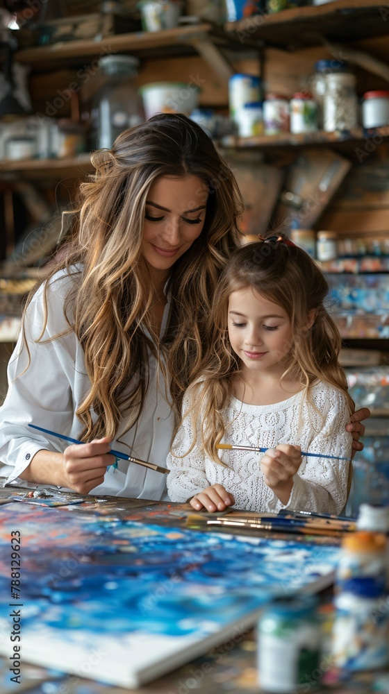 Fototapeta premium mother and daughter painting a picture together with brushes in hand