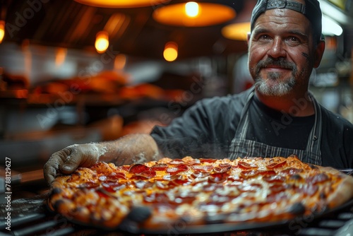 A cheerful chef holds out a freshly baked pizza with pride in a kitchen setting