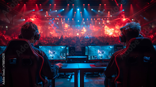 Two eSports teams, blue team vs red team, playing a tournament. There is a stage divided into two zones, depending on the team, and an audience in the stands. photo