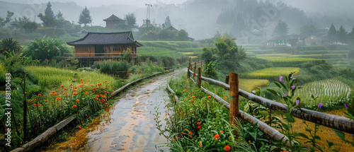 Chinese rural house with colorful flowers  green plants  stone path small wooden fence wet after rain on background of green terraced rice fields and mist