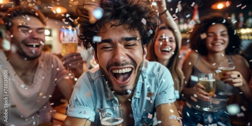 Joyful group of four friends celebrating with drinks in festive bar, vibrant mood, confetti flying, laughter and happiness evident, colorful casual attire.