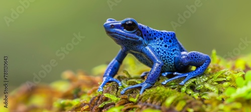 Macro shot of blue poison dart frog dendrobates tinctorius azureus on green moss photo